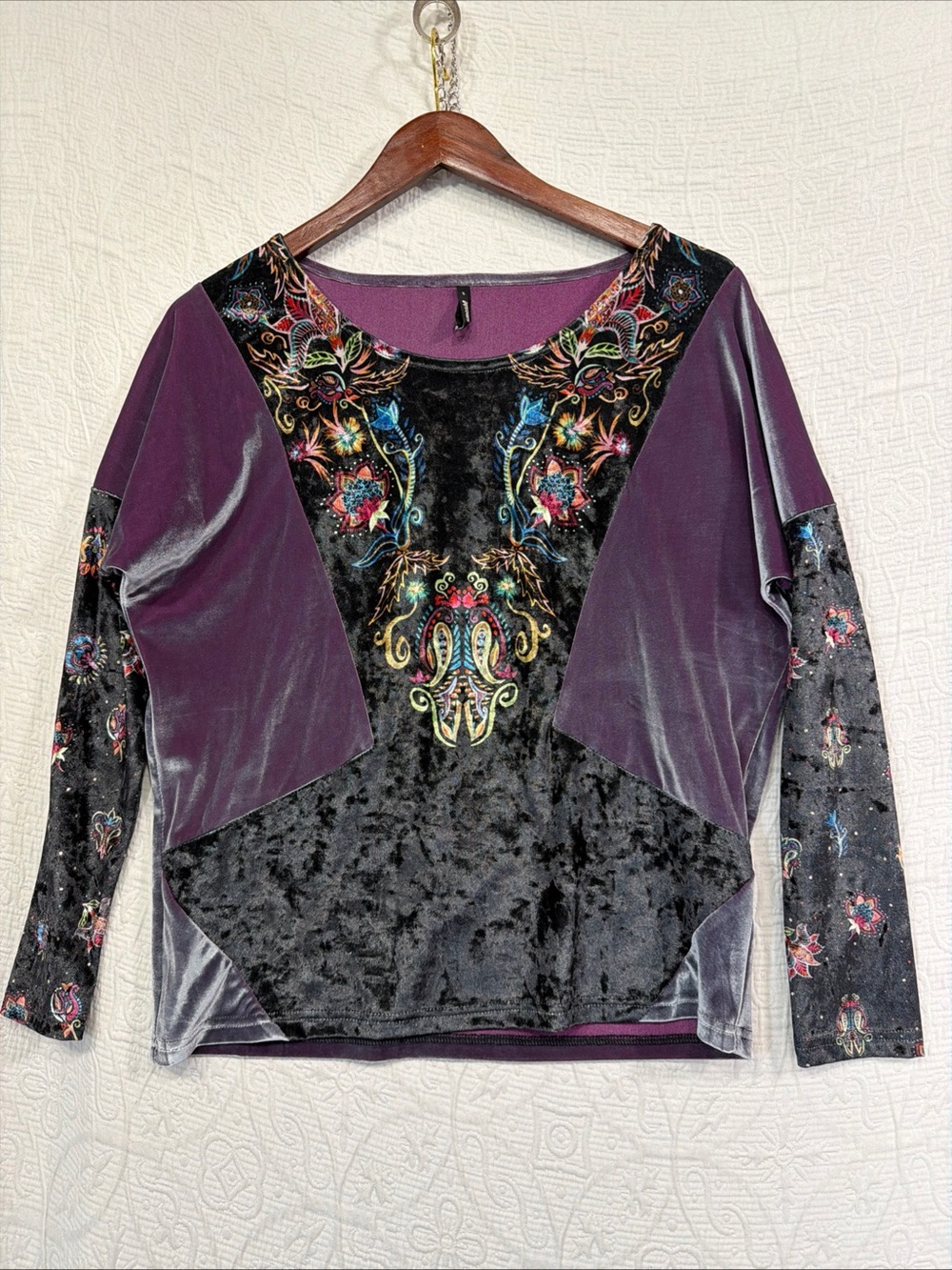Smash Barcelona Velvet Shirt XS Floral Patchwork Velour Romantic Retro Blouse